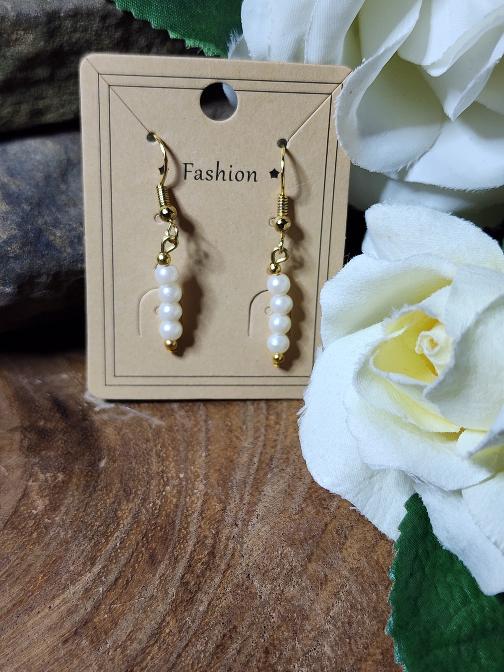 Drop Earrings With Faux Creamy White Pearls and Gold Toned Hooks